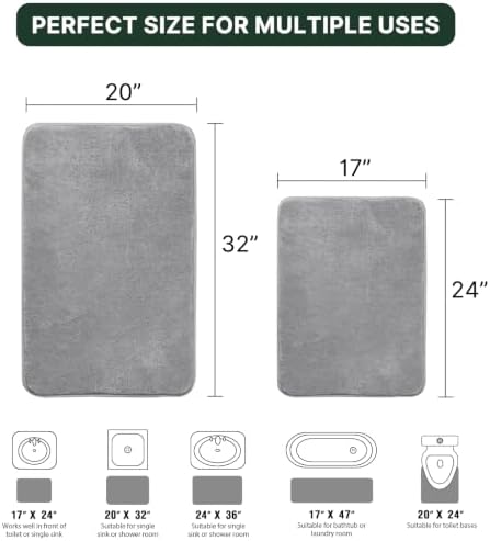 H.VERSAILTEX Bath Mat Memory Foam Set Bathroom Rug Set Flannel Velvety Bath Mat Luxury Extra Soft and Absorbent Non Slip Rugs for Bathroom/Bedroom Washable(2 Pack- 20"x 32"/ 17"x 24", Grey)