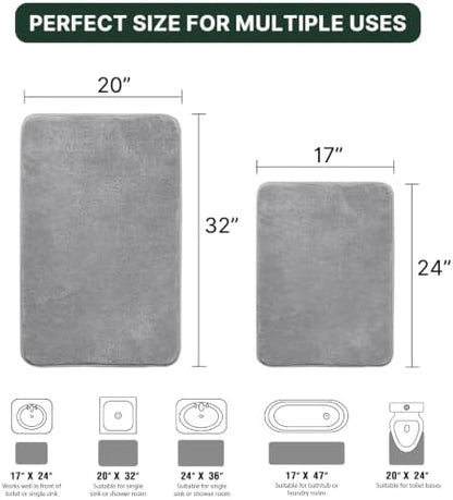 H.VERSAILTEX Bath Mat Memory Foam Set Bathroom Rug Set Flannel Velvety Bath Mat Luxury Extra Soft and Absorbent Non Slip Rugs for Bathroom/Bedroom Washable(2 Pack- 20"x 32"/ 17"x 24", Grey)