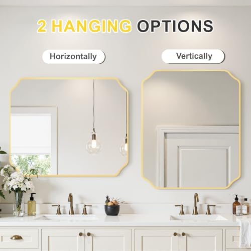 Gold Vanity Bathroom Mirror, 30" x 36" Scalloped Mirror for Wall