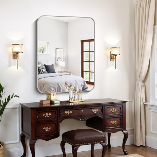 FORBATH Bathroom Mirror for Over Sink 30x40 Inch Silver, Rectanglar Wall Mirror with Metal Frame, Rounded Corners for Bathroom, Bedroom, Entryway Decor (Horizontal or Vertical)