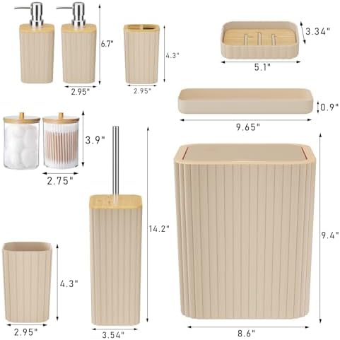 XLHOMO Bathroom Accessories Set - Elegant Beige Bathroom Set, 10PC Bathroom Accessory Set, Toilet Brush, Bathroom Trash Can
