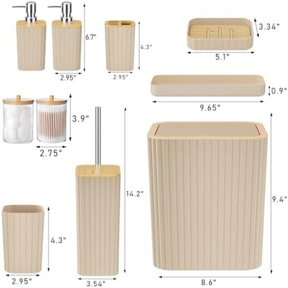 XLHOMO Bathroom Accessories Set - Elegant Beige Bathroom Set, 10PC Bathroom Accessory Set, Toilet Brush, Bathroom Trash Can