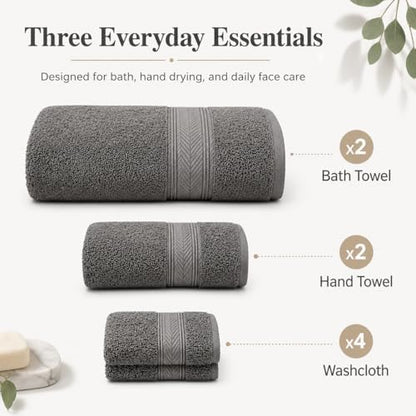BIOLINEN Grey Towel Set 8 Piece Bathroom Set, 2 Bath Towels 2 Hand Towels 4 Washcloths, 100% Cotton Soft Absorbent Towel Sets for Bathroom, Gym, Spa