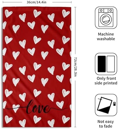 Love Hearts Hand Towel Set of 2, Cute Valentine's Day Red Soft Absorbent Dish Tea Towels Washcloths 14x28 Inch Home Hotel Kitchen Bathroom Wedding Anniversary Decor