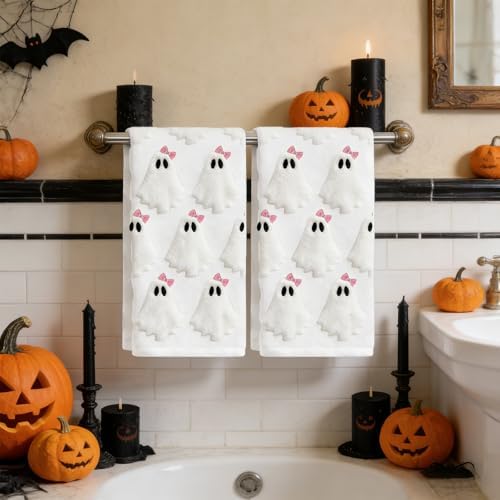 2 Pack Halloween Hand Towels 100% Cotton Jacquard Bow Ghost Halloween Kitchen Towels White Bathroom Towels Set Seasonal Bathroom Decor(Bow Ghost)