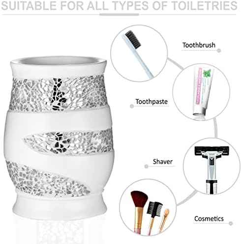 Zahari Home 4pc Sinatra Stylish Bathroom Accessories Set White Soap Dispenser, Tumbler, Tooth Brush Holder and Soap Dish Modern Classic Luxury Decor Bling Mosaic Glass White Bathroom Accessories