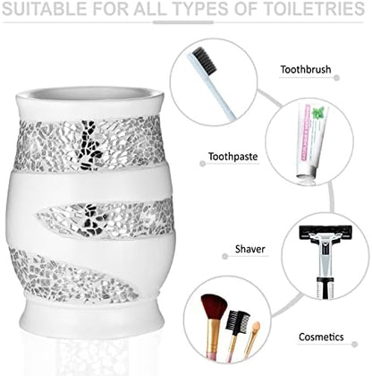 Zahari Home 4pc Sinatra Stylish Bathroom Accessories Set White Soap Dispenser, Tumbler, Tooth Brush Holder and Soap Dish Modern Classic Luxury Decor Bling Mosaic Glass White Bathroom Accessories