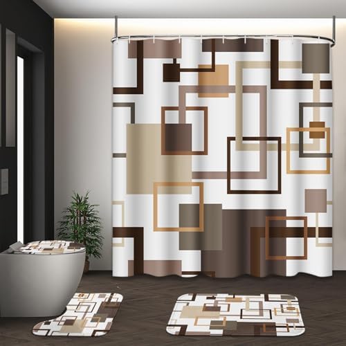Bathroom Sets with Shower Curtain and Rugs, 4 Pcs, Geometric Brown