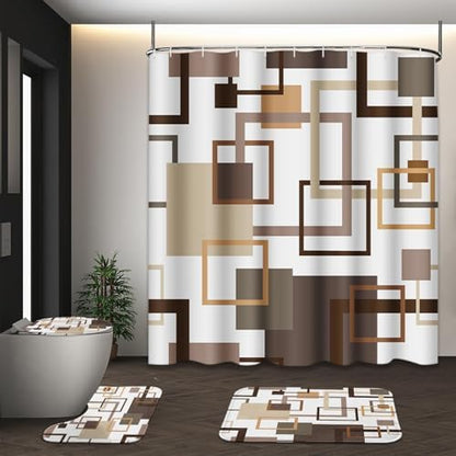Bathroom Sets with Shower Curtain and Rugs, 4 Pcs, Geometric Brown