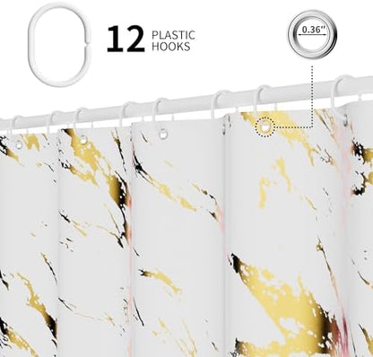 Gold Marble Shower Curtain, Waterproof Bathroom Decor Curtain with Hooks, Stylish White & Gold Pattern Bath Curtain for Modern/Luxury Bathrooms (72x72 Inches)