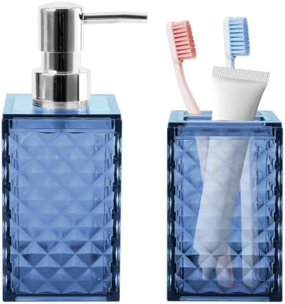 2 PCS Bathroom Accessory Set, Blue Soap Dispenser and Toothbrush Holder
