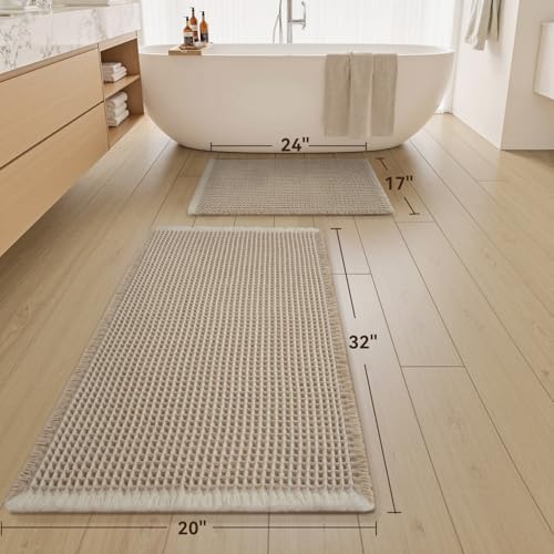 Upgraded Waffle Bath Mat Set of 2 Absorbent Bathroom Mat 17"x24" + 20"x32"