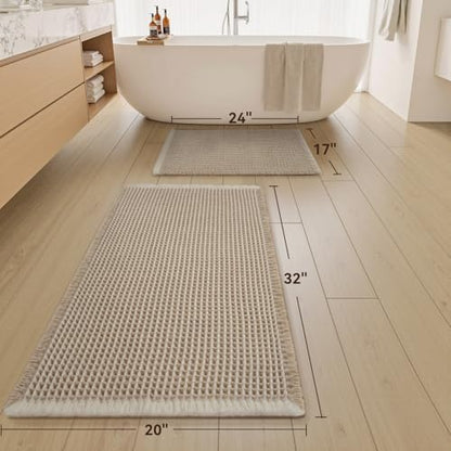 Upgraded Waffle Bath Mat Set of 2 Absorbent Bathroom Mat 17"x24" + 20"x32"