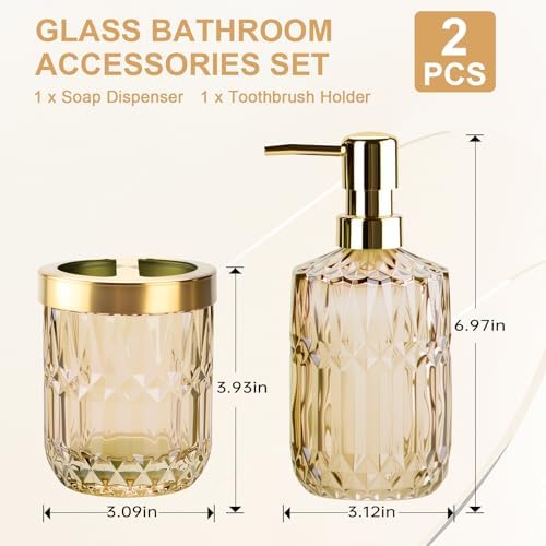 RRM Glass Bathroom Toothbrush Holder and Soap Dispenser Set, Brown