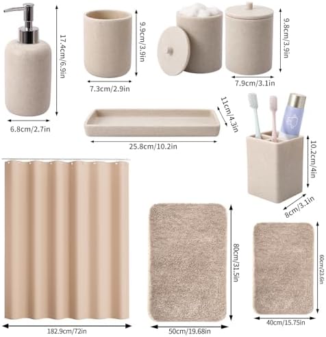XLHOMO Beige Bathroom Accessory Set with Shower Curtain and Rugs, Resin