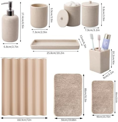 XLHOMO Beige Bathroom Accessory Set with Shower Curtain and Rugs, Resin