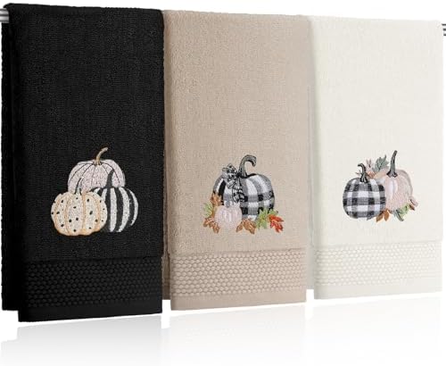 FuWeave 3 Pcs Black White Fall Pumpkin Hand Towels for Bathroom