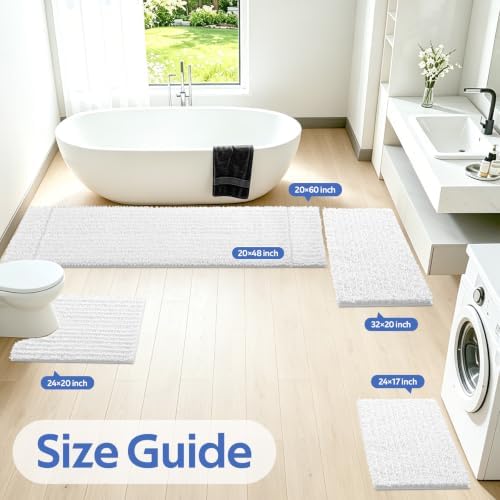 ACCUMTEK Upgrade Extra Large White Bathroom Rug Set 3 Pieces Ultra Soft, Thick Absorbent Bath Mats, Non Slip Chenille Toilet Mat for Bathroom, Bedroom, Kitchen