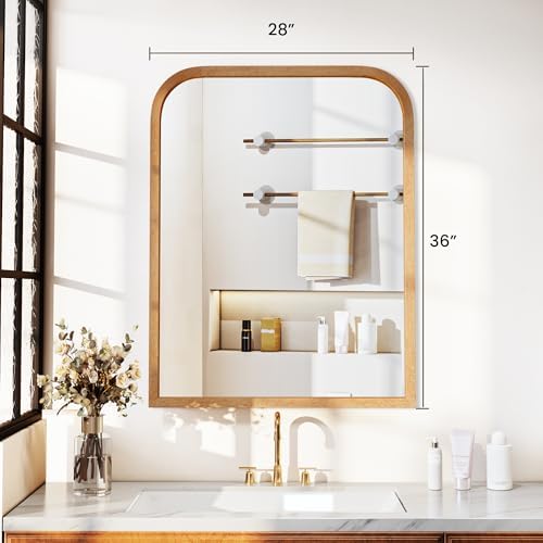 36"x28" Arched Wood Bathroom Mirror - Handcrafted Modern Farmhouse Bathroom Mirror with Tempered Glass&Natural Wood Frame, Anti-Fog Decorative Vanity Mirror for Bedroom, Living Room, Spa & Home Decor