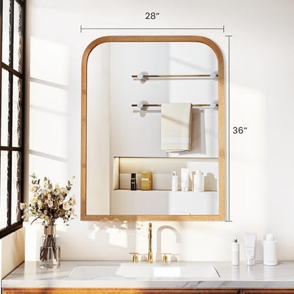 36"x28" Arched Wood Bathroom Mirror - Handcrafted Modern Farmhouse Bathroom Mirror with Tempered Glass&Natural Wood Frame, Anti-Fog Decorative Vanity Mirror for Bedroom, Living Room, Spa & Home Decor