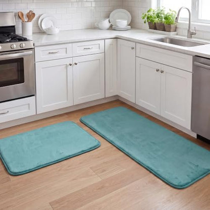 H.VERSAILTEX Kitchen Mat 2 PCS Non Slip Memory Foam Flannel Velvety Kitchen Runner Rug Set for Floor Standing Rugs (47" x 17" + 24" x 17", Eggshell Blue)