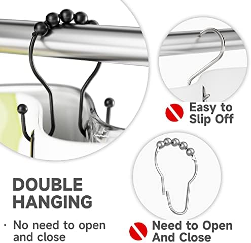 Bathway Shower Curtain Hooks Shower Curtain Rings Black Shower Curtain Hooks RustProof Smooth Metal Double Shower Curtain Hook, Shower Hooks for Shower Curtain Liner Bathroom Shower Rod Hook