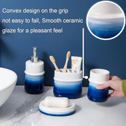 Blue Bathroom Accessories 3 Pcs, Ceramic Bathroom Accessory Set, Navy Blue Bathroom Set Include Dispenser,Soap Dish and Vase, Modern Bathroom Decor
