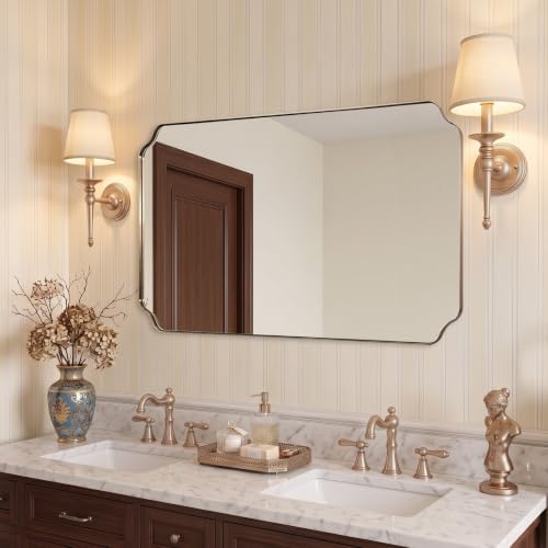 ANDY STAR 30x48 Inch Champagne Bronze Scalloped Mirror for Bathroom Sink