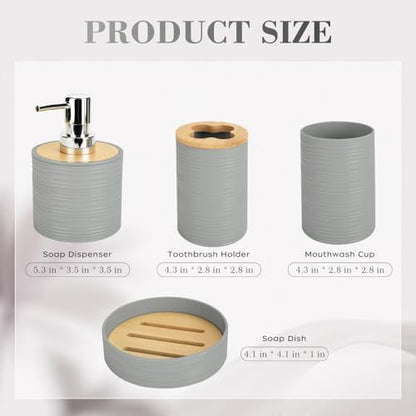 4PCS Grey Bathroom Set, Soap Dispenser, Dish & Bamboo Holder, Rustic