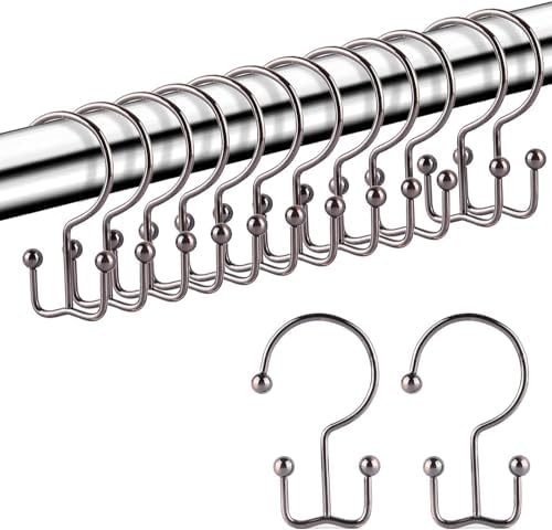 24 Pcs Shower Curtain Hooks, Goowin Shower Curtain Rings, Durable Rust Proof Black Shower Curtain Hooks, Shower Rings for Curtain, Double Glide Shower Hooks for Shower Curtain Rods, Bronze