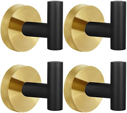 4 Pack Robe Towel Hooks Coat Black Gold Wall Hook Stainless Steel Heavy Duty Door Hanger Towel Robe Clothes Cabinet Closet Sponges Hook for Bathroom Bedroom Kitchen Hotel Pool