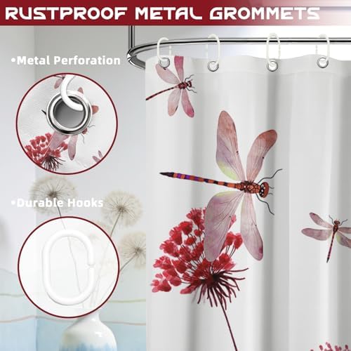 Red Dandelion Shower Curtain Spring Dragonfly Coral Red and White Watercolor Shower Curtains for Bathroom Decor, Waterproof Cloth Fabric with Hooks 70" Wx72 L