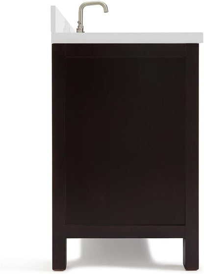 ARIEL Cambridge 60-inch Bathroom Vanity with Sink,Solid Wood, 1.5-inch Pure White Quartz Countertop, Single Rectangular Porcelain Sink, 2 Soft Closing Doors, 9 Dovetail Drawers, Espresso