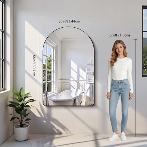 Arched Bathroom Mirror, 55"x36" Black Arched Mirror for Bathroom, Wall Mounted Mirror, Black Vanity Wall Mirror w/Metal Frame for Bedroom, Entryway, Living Room, Hanging or Leaning Against Wall