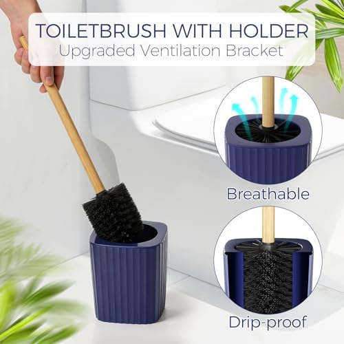 Bathroom Accessories Set - Unbreakable Navy Blue Bathroom Set, Trash Can, Toilet Brush with Holder, Soap Dispenser, Toothbrush and Toothpaste Holder, Tumbler Cup, Soap Dish, Qtip Holder, Bamboo Decor