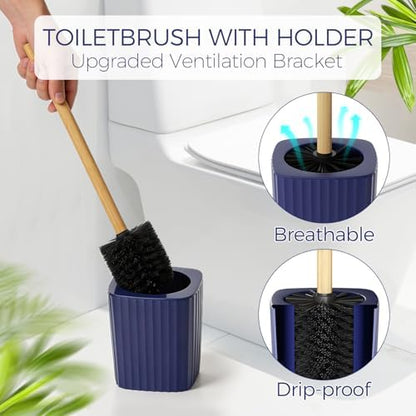 Bathroom Accessories Set - Unbreakable Navy Blue Bathroom Set, Trash Can, Toilet Brush with Holder, Soap Dispenser, Toothbrush and Toothpaste Holder, Tumbler Cup, Soap Dish, Qtip Holder, Bamboo Decor