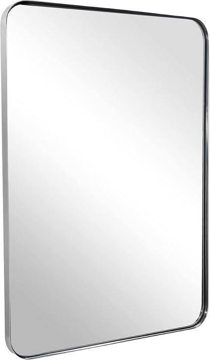 Chrome Mirror for Bathroom, 24"x36" Metal Frame Wall Mirror with Rounded Corner, Modern Rectangle Bathroom Vanity Mirror with Polish Finish
