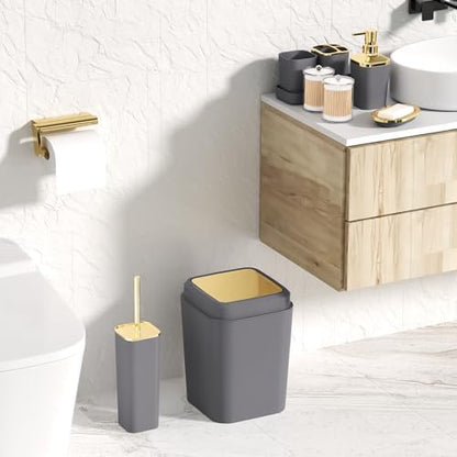 XLHOMO Bathroom Set - Grey and Gold Bathroom Accessories Set, Bathroom Sets with Shower Curtain and Rugs, Grey Shower Curtain Set with Bathroom Trash Can, Soap Dispenser, Soap Dish for Home Decor