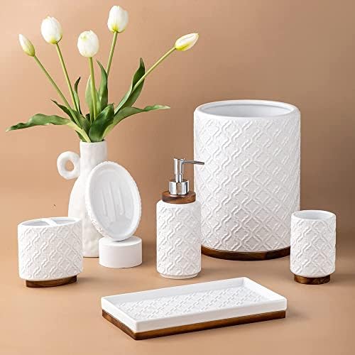 RQYIXI Ceramic Bathroom Accessories Set,White,6 Piece,Embossed Design