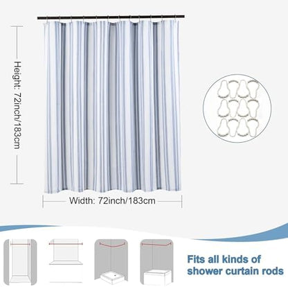 ORTIGIA Blue Striped Shower Curtain 72x72 Inch, Waffle Textured Heavy Duty Thick Cloth Fabric Shower Curtains with 12 Metal Hooks,Blue and White Bath Bathroom Shower Curtain