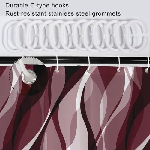 Burgundy Striped Clawfoot Tub Shower Curtain 180x70 inch 30 Hooks