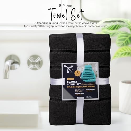 Luxury Towels for Bathroom Set of 8-2 Bath Towels 2 Hand Towels 4 Washcloths - 600 GSM 100% Cotton Ring Spun Viscose Border Towels Set - Black