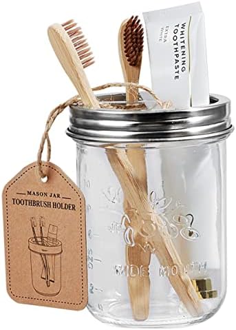 Amolliar Mason Jar Bathroom Accessories Set(4 Pack) - Lotion Soap Dispenser&Qtip Holder Set&Toothbrush Holder-Rustic Farmhouse Decor Apothecary Jar Bathroom Countertop,Vanity Organize (Brushed Nickel)