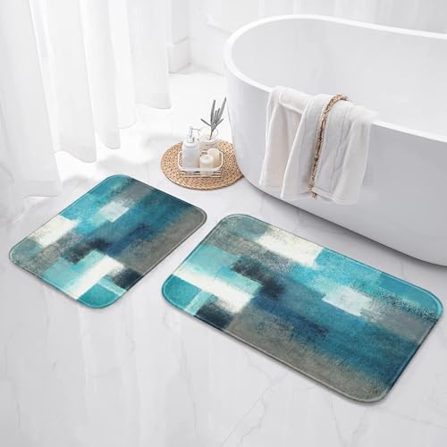 ArtSocket Bathroom Set, Shower Curtain and Bath Rugs Abstract Teal Grey