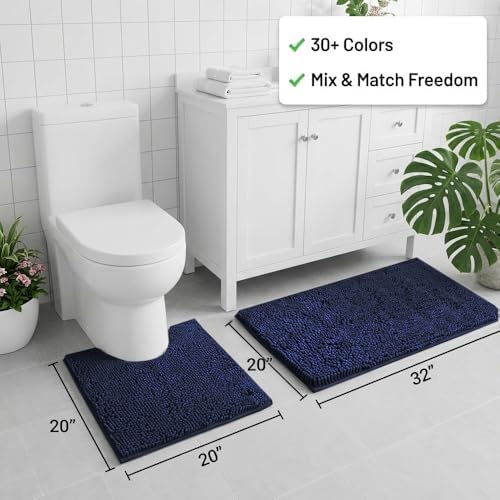 Bathroom Rugs Sets 2 Piece,Super Absorbent Chenille Bath Mats and U-Shaped Toilet Rug,Strong PVC Non Slip Backing,Microfiber Washable Dry Quickly Bath Mats for Bathroom(20"x32"+20"x20"U,Navy Blue)