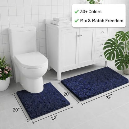 Bathroom Rugs Sets 2 Piece,Super Absorbent Chenille Bath Mats and U-Shaped Toilet Rug,Strong PVC Non Slip Backing,Microfiber Washable Dry Quickly Bath Mats for Bathroom(20"x32"+20"x20"U,Navy Blue)