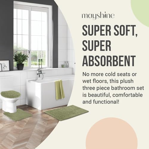 Standard 3pc Set Chenille Bath Mats, Includes 21"x24" U-Shaped Contour Toilet Rug, 21"x34" Inches Bathmat and 1 Toilet Lid Cover, Plush Absorbent Bath Mats Quick Dry, Sage Green