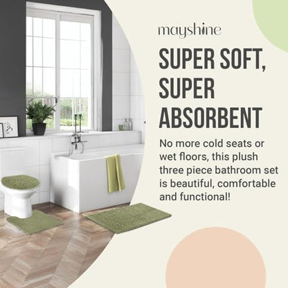 Standard 3pc Set Chenille Bath Mats, Includes 21"x24" U-Shaped Contour Toilet Rug, 21"x34" Inches Bathmat and 1 Toilet Lid Cover, Plush Absorbent Bath Mats Quick Dry, Sage Green
