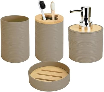 4PCS Beige Bathroom Set, Soap Dispenser, Dish & Bamboo Holder, Rustic