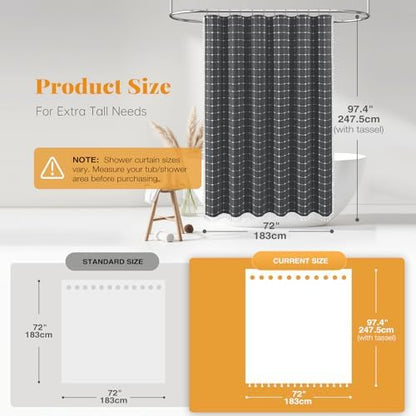 BTTN Extra Long Boho Farmhouse Linen Shower Curtain, 72x96, Charcoal Gray